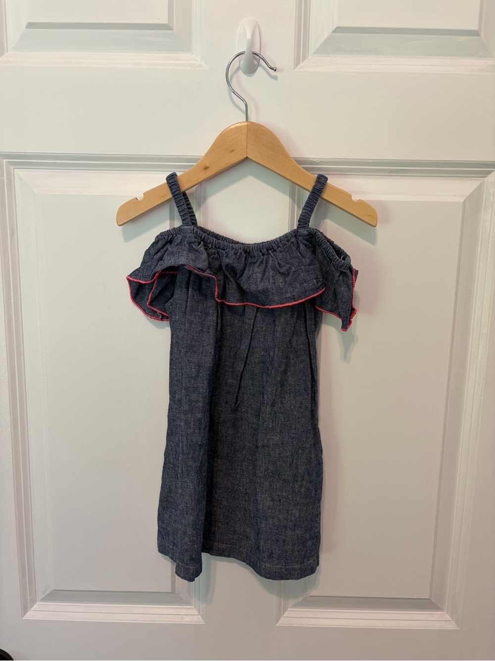 Tea Collection Navy Chambray Off-Shoulder Dress with Pink Trim